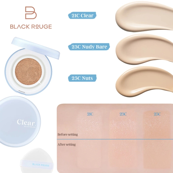 BLACK ROUGE Thin Layer Clear Cushion - Wegański podkład z efektem soft-focus i naturalnego semi-matu SPF 50+ PA++++ Nudy Bear 14g